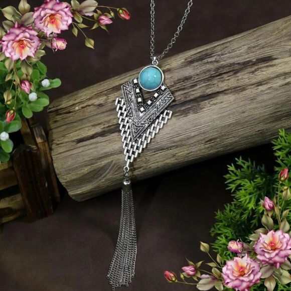 Jewelry - Turquoise Decor Geometric & Metal Tassel‎ Charm Necklace